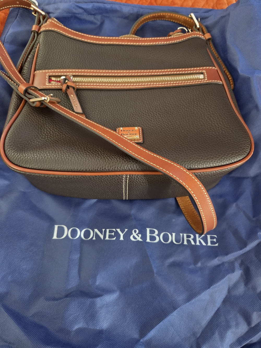 Dooney & Bourke Brown Tmorro Pebble Leather Crossbody Bag with Tan Trim